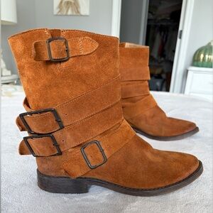 Salamandra Brown Suede Moto Boots Womens Size Euro 39 US 8.5 Buckles Bikercore